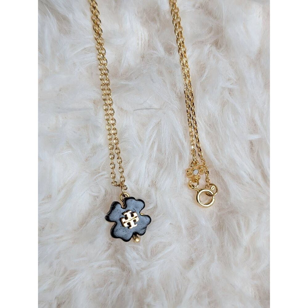 TORY BURCH Black Double T Resin Clover Gold Chain Necklace
